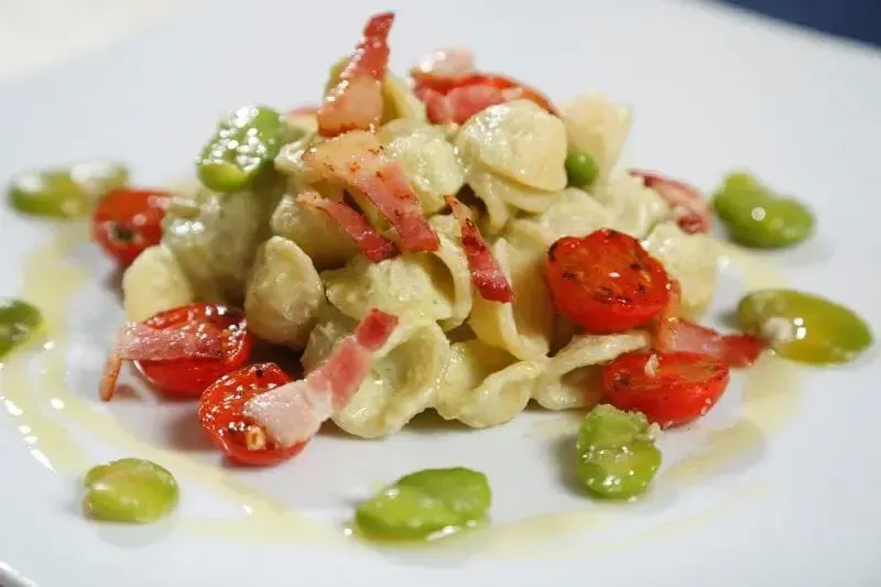 Al Bronzo® Orecchiette with Fava Beans & Basil Pesto, Bacon & Cherry Tomatoes | Barilla