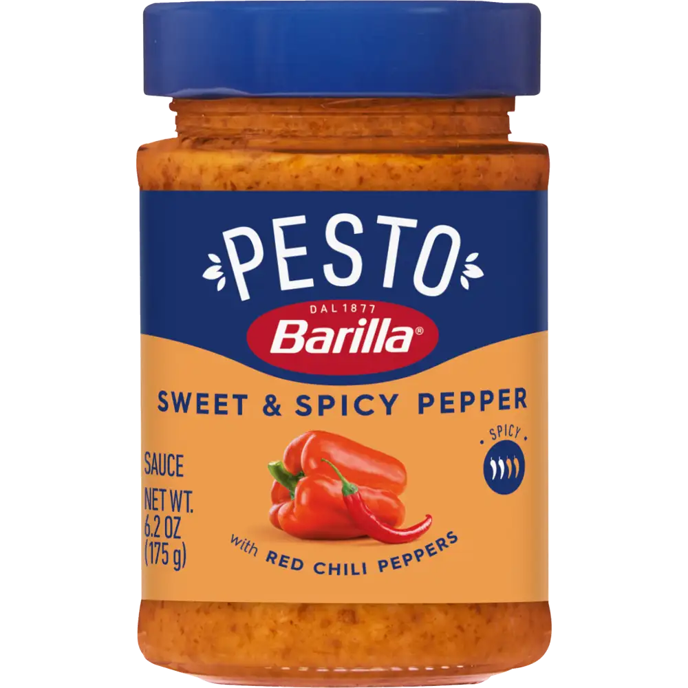 Barilla Sweet and Spicy Pepper Pesto with Red Peppers, chili peppers, and cheeses