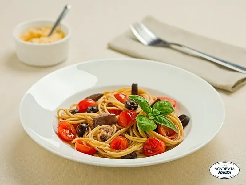 Protein+® Spaghetti with Eggplant, Tomatoes, Olives & Cheese | Barilla