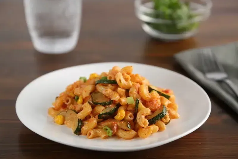 Elbow Pasta Mac & Cheese with Marinara, Zucchini, Corn & Green Onions