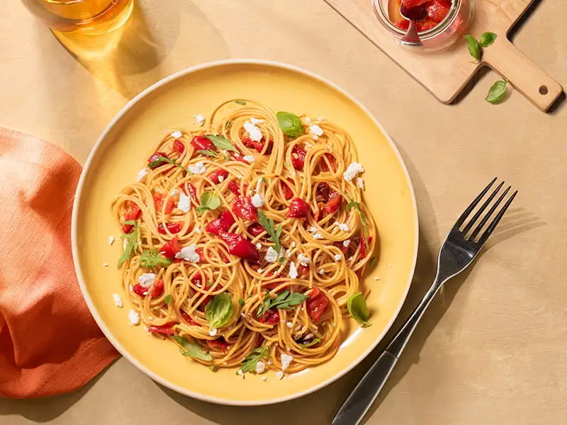 Barilla® Protein+® Thin Spaghetti with Roasted Red Pepper, Goat Cheese and Arugula Recipe