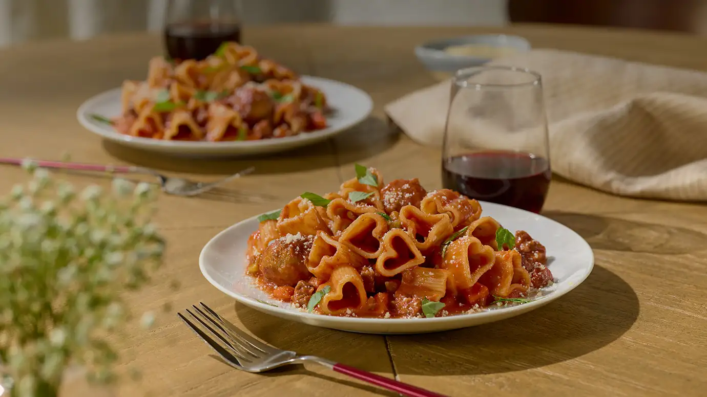 Barilla® Heart Pasta with Bolognese and Meatballs Recipe