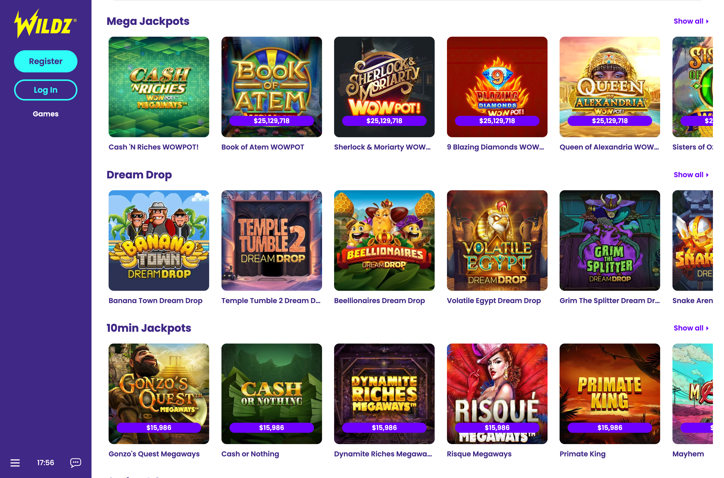 Wildz Casino jackpot games