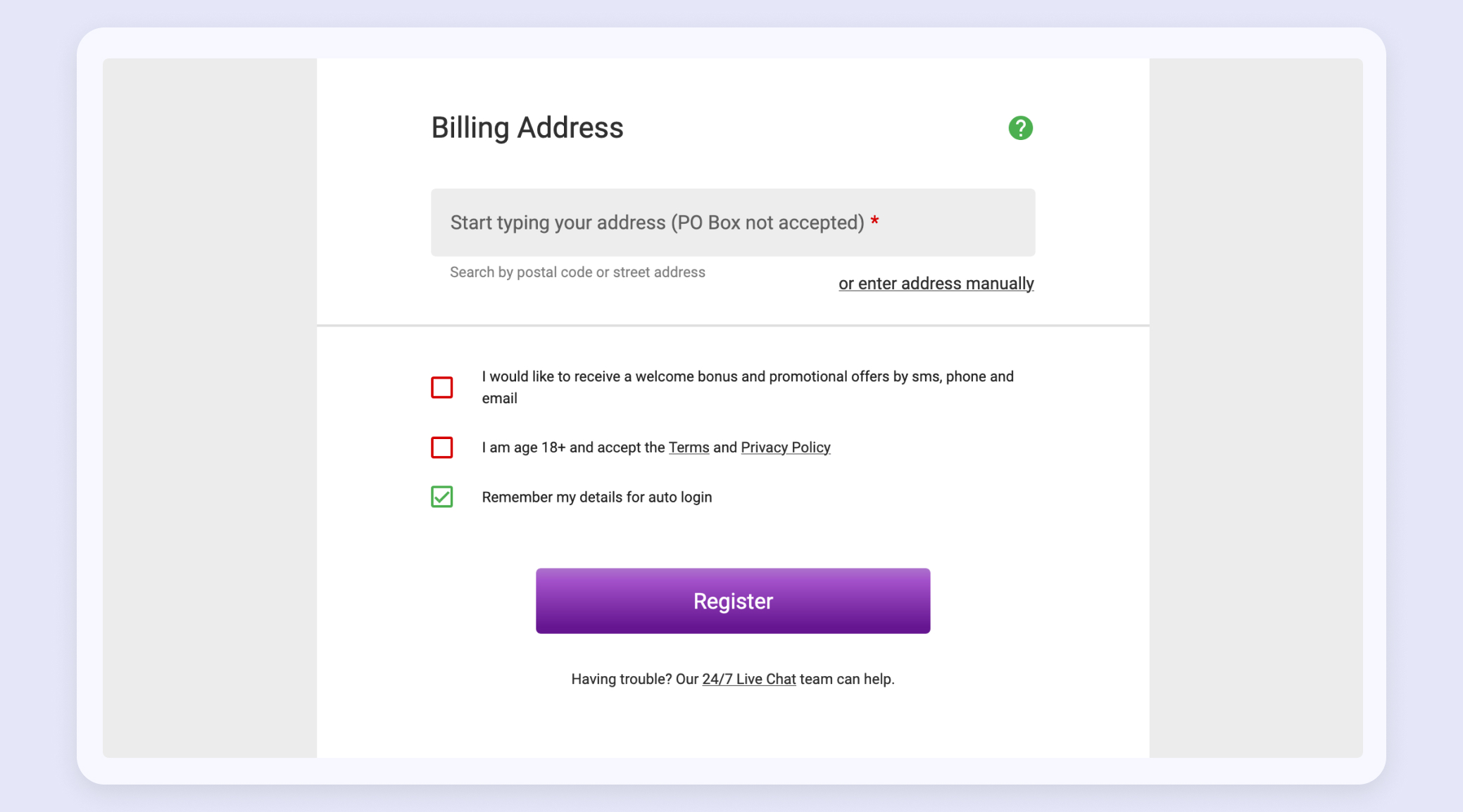 5. Enter your billing address and opt-in to receive bonuses and promotions