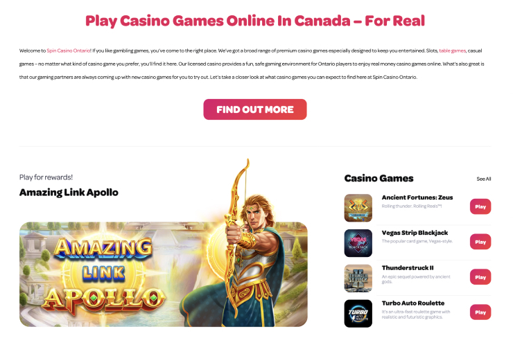Spin Casino Ontario games
