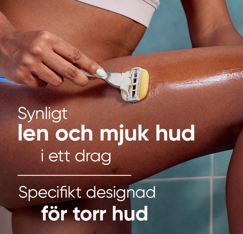 Kvinna som rakar benet. Synligt slät och mjuk i ett enda drag. Speciellt framtagen för torr hud.
