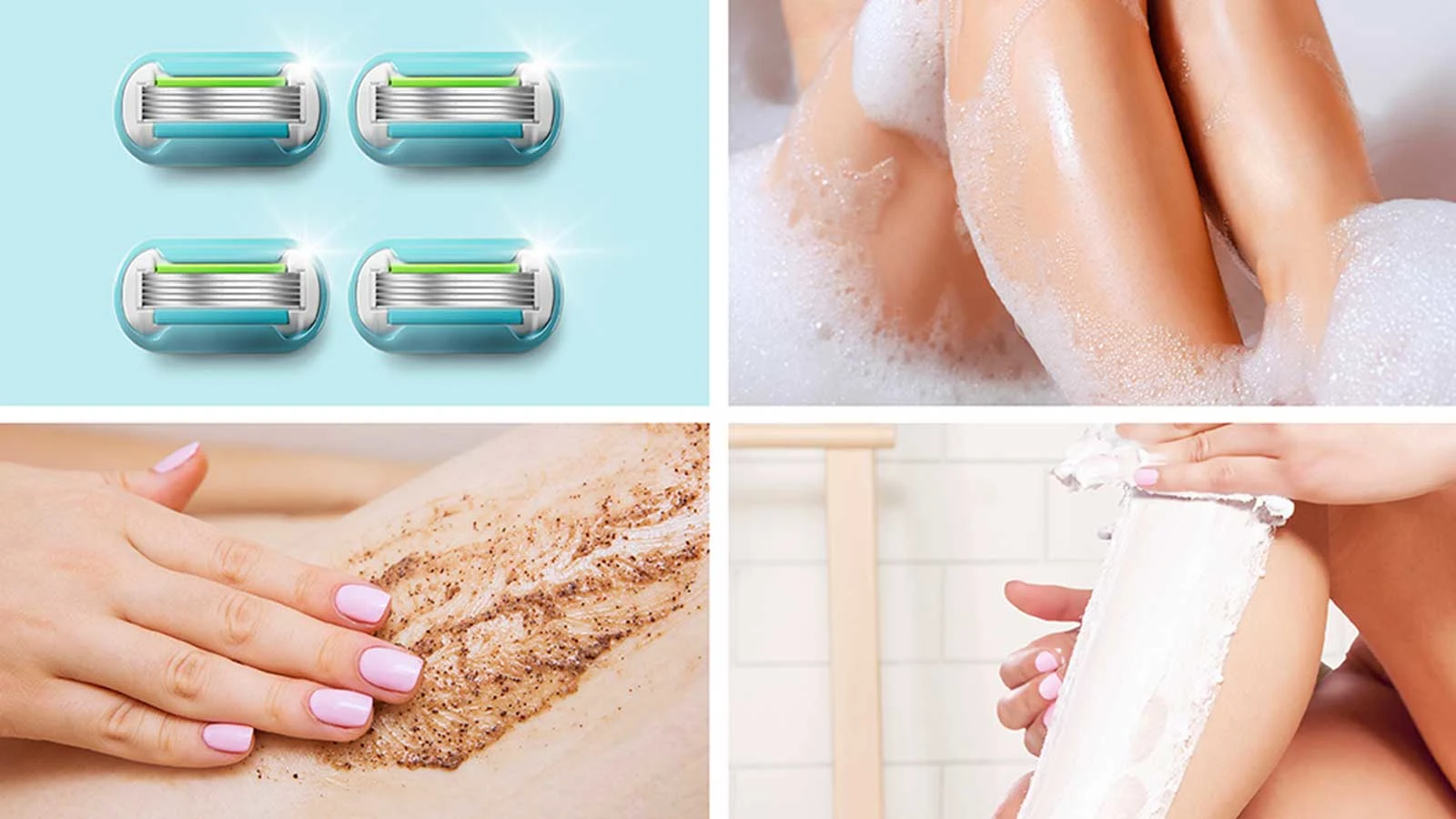 4 oval 5 bladed razor heads with a blue lubrastrips, female legs in a bubbly bath, woman applying brown scrubbing product to her skin, woman wiping off hair removal product from her leg
