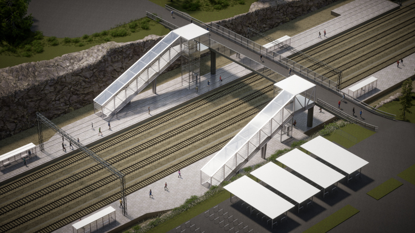 Länsirata Oyn havainnekuva siitä, millainen Veikkolan juna-asema voisi olla. Kuvassa näkyy raiteet, laiturit ja ylikulkukävelysilta. Otettu osoitteesta https://lansirata.sitowise.com/?link=Pysm6# 8.12.2025.