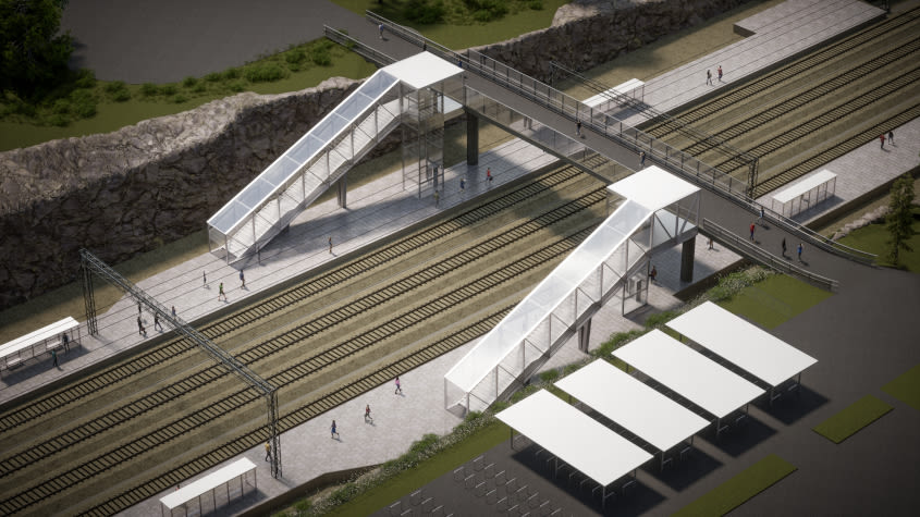 Länsirata Oyn havainnekuva siitä, millainen Veikkolan juna-asema voisi olla. Kuvassa näkyy raiteet, laiturit ja ylikulkukävelysilta. Otettu osoitteesta https://lansirata.sitowise.com/?link=Pysm6# 8.12.2025.