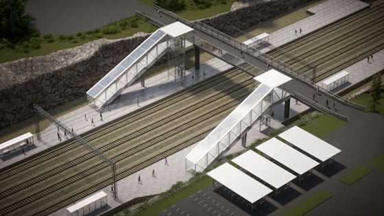 Länsirata Oyn havainnekuva siitä, millainen Veikkolan juna-asema voisi olla. Kuvassa näkyy raiteet, laiturit ja ylikulkukävelysilta. Otettu osoitteesta https://lansirata.sitowise.com/?link=Pysm6# 8.12.2025.