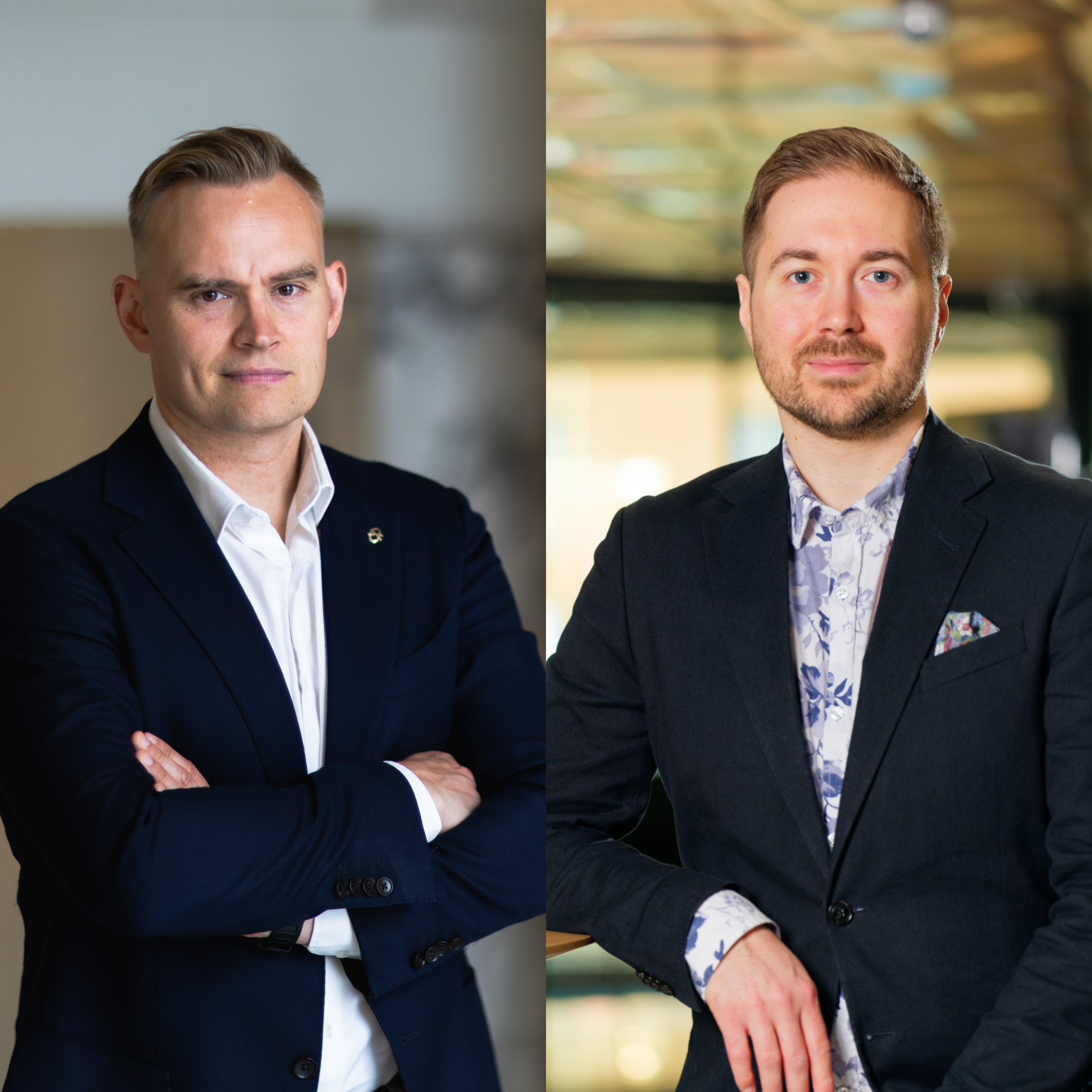 Kuva Atte Harjanteesta ja Lauri Lavannista. Kummallakin musta takki ja kauluspaita.