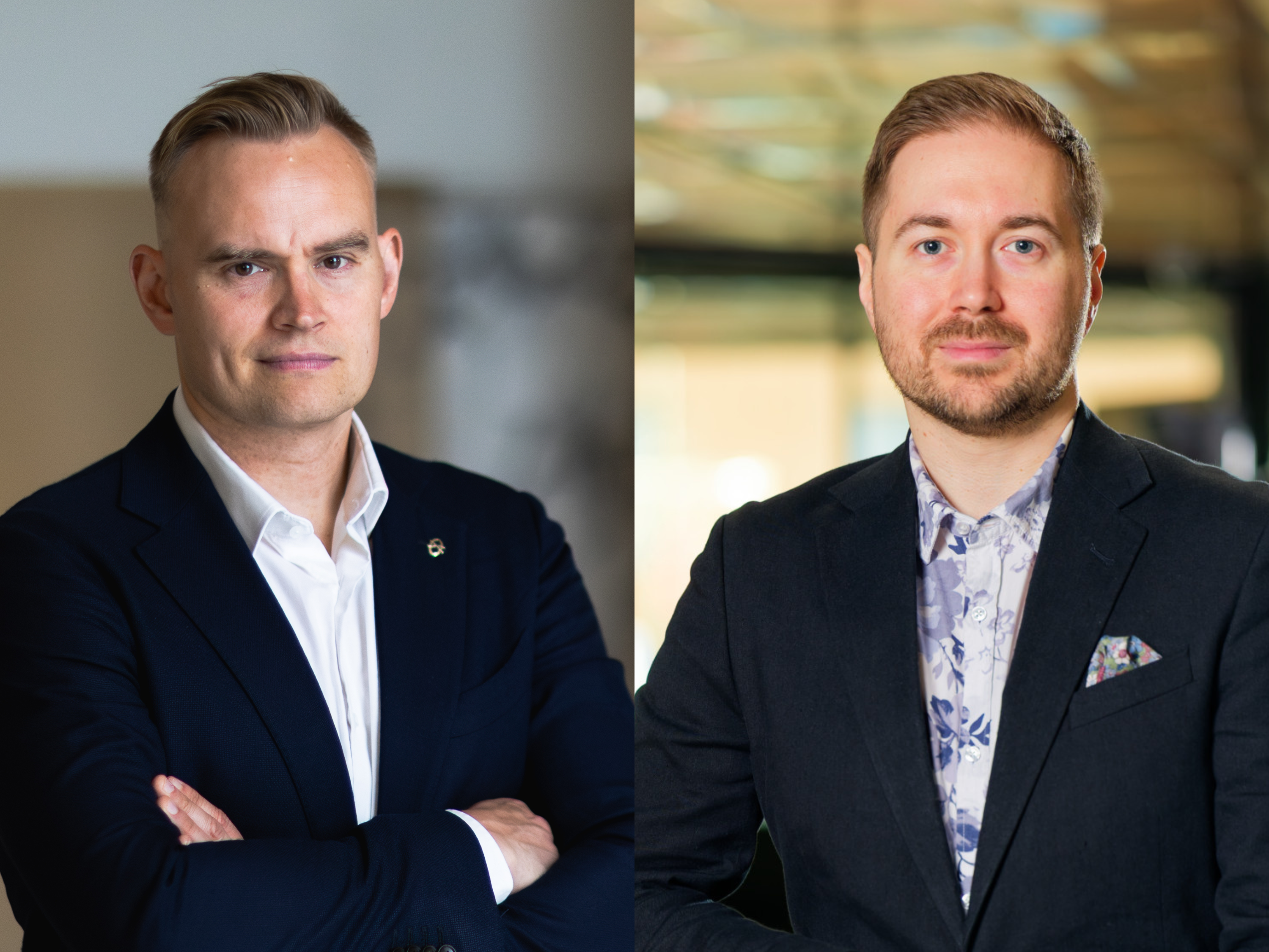 Kuva Atte Harjanteesta ja Lauri Lavannista. Kummallakin musta takki ja kauluspaita.