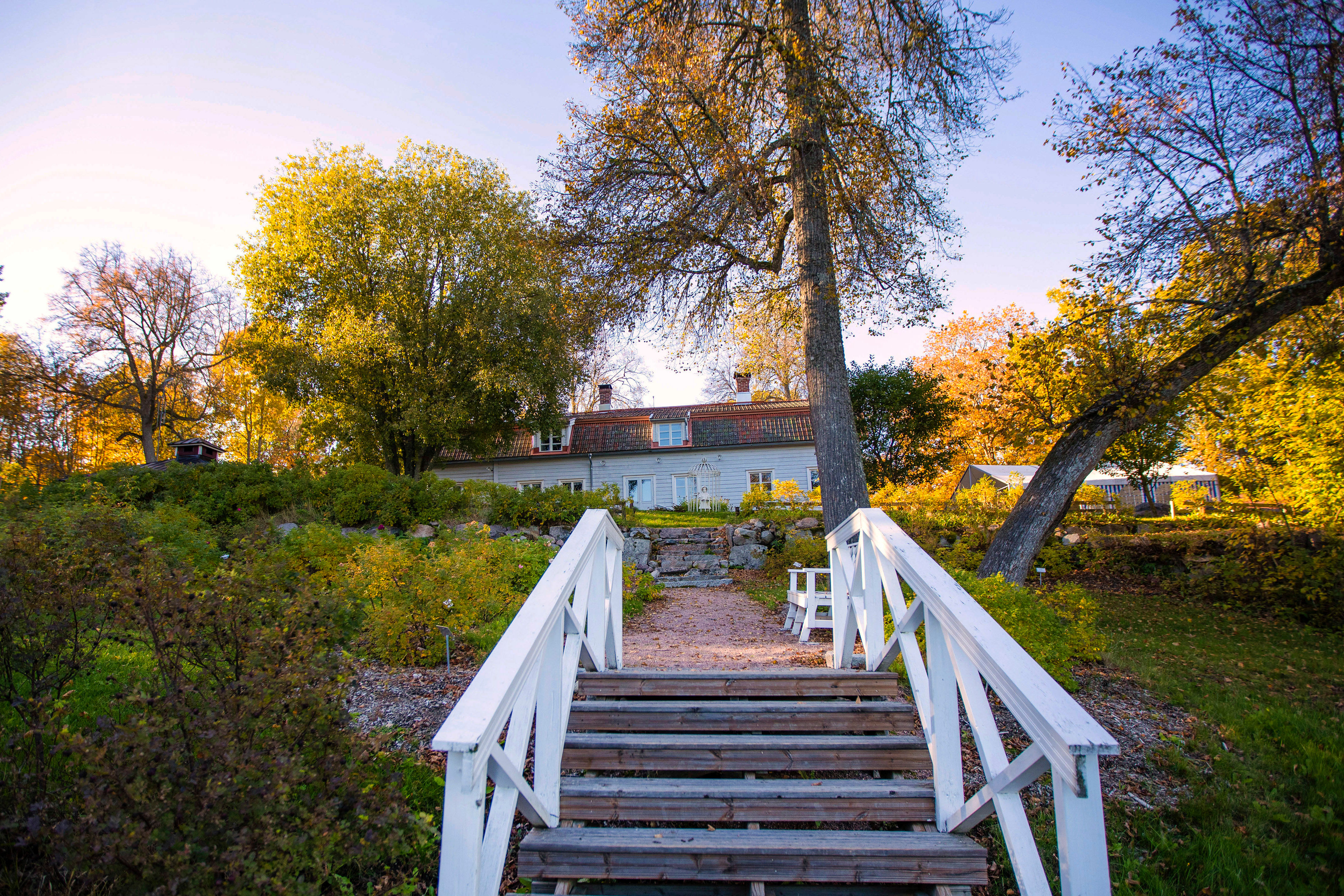 Valkoiset ulkoportaat, jotka johtavat tielle, joka vie talolle.