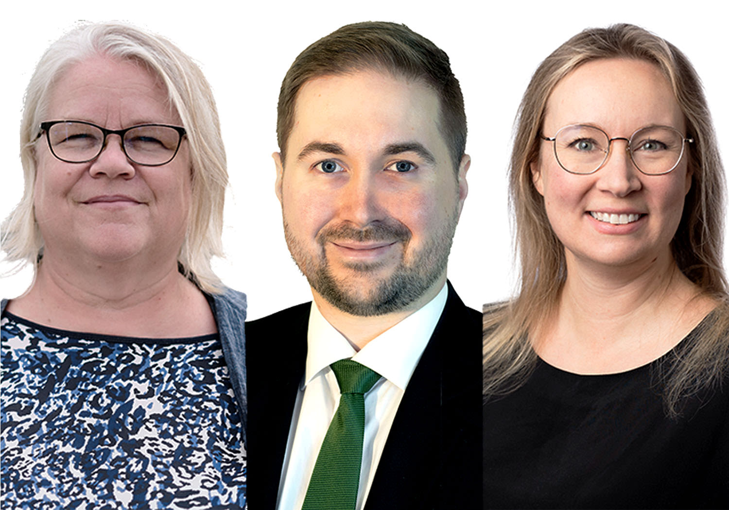 Triptyykki, jossa vasemmalle Johanna Fleming sini-valkoinen vaate päällään, keskellä Lauri Lavanti puku ja kravatti päällään ja oikealla Paula Oittinen tumma paita päällään.