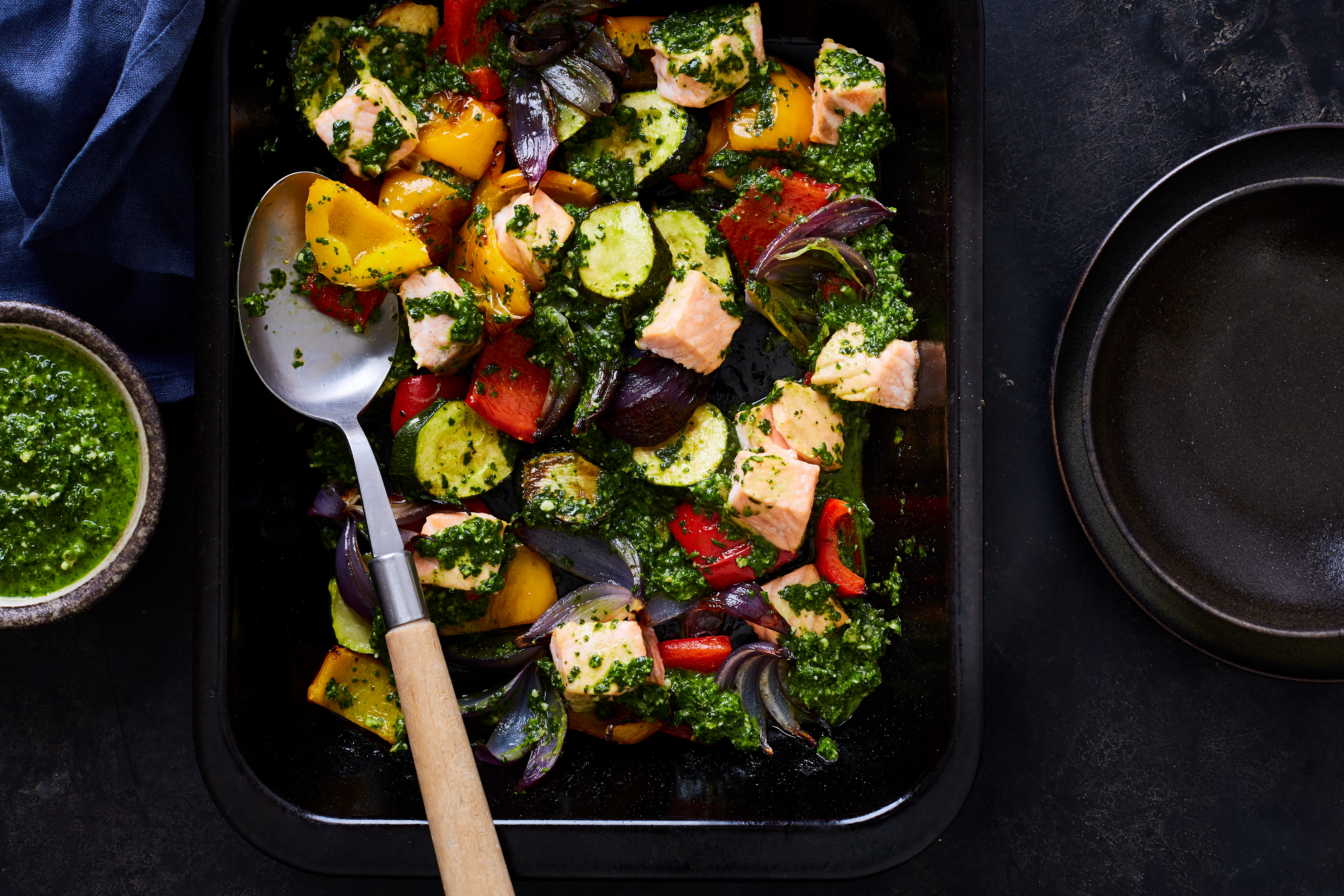 Salmon and Vegetable Traybake with Pesto