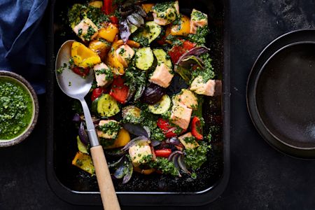 Salmon and Vegetable Traybake with Pesto