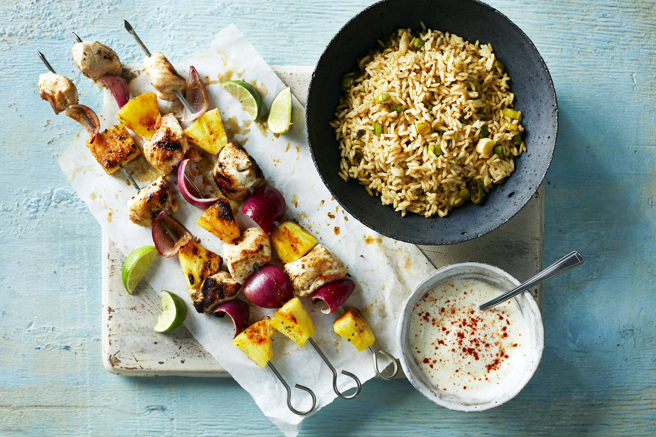 Chicken and Pineapple Kebabs with Spicy Rice
