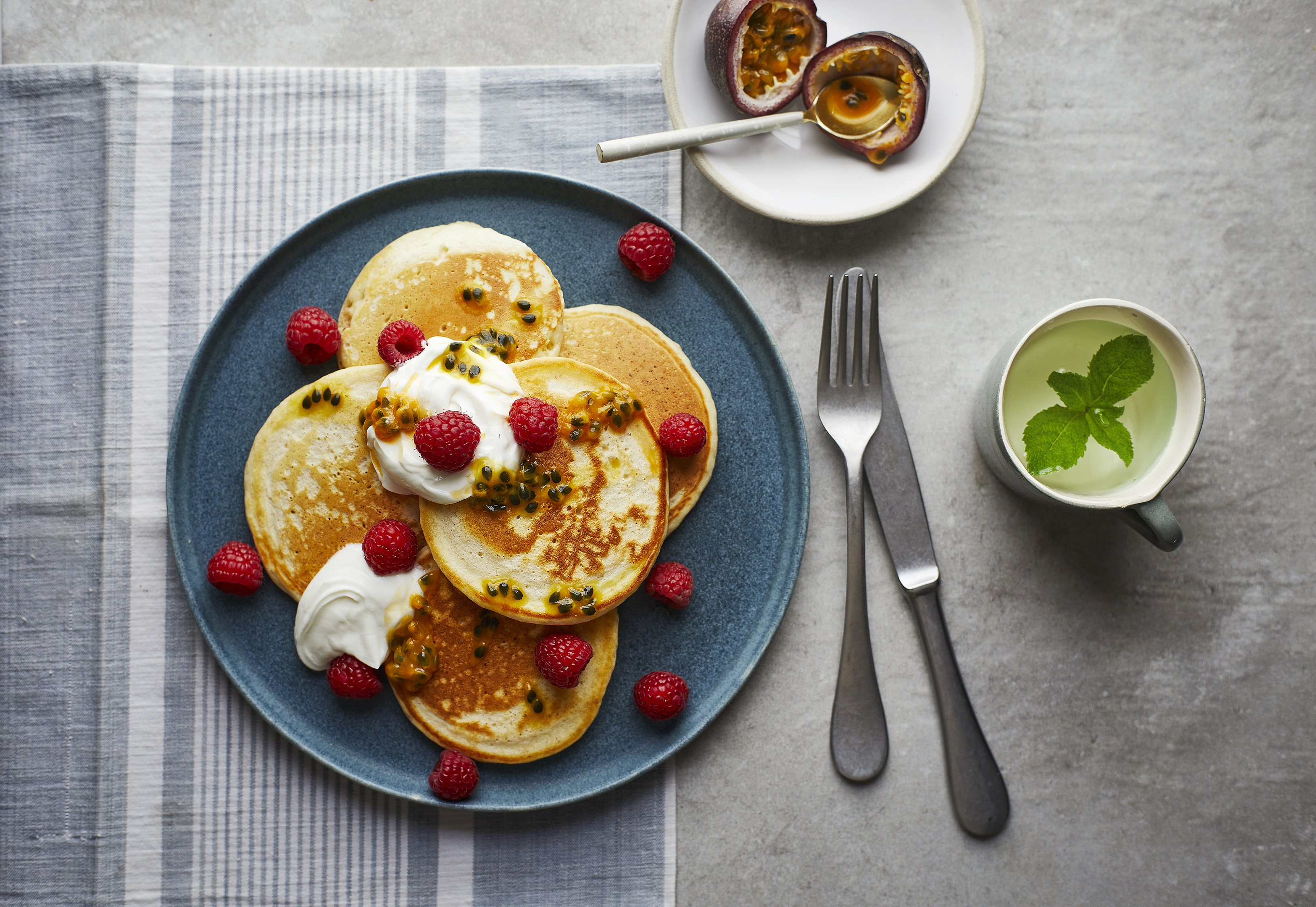 Pancakes with Raspberries and Passionfruit