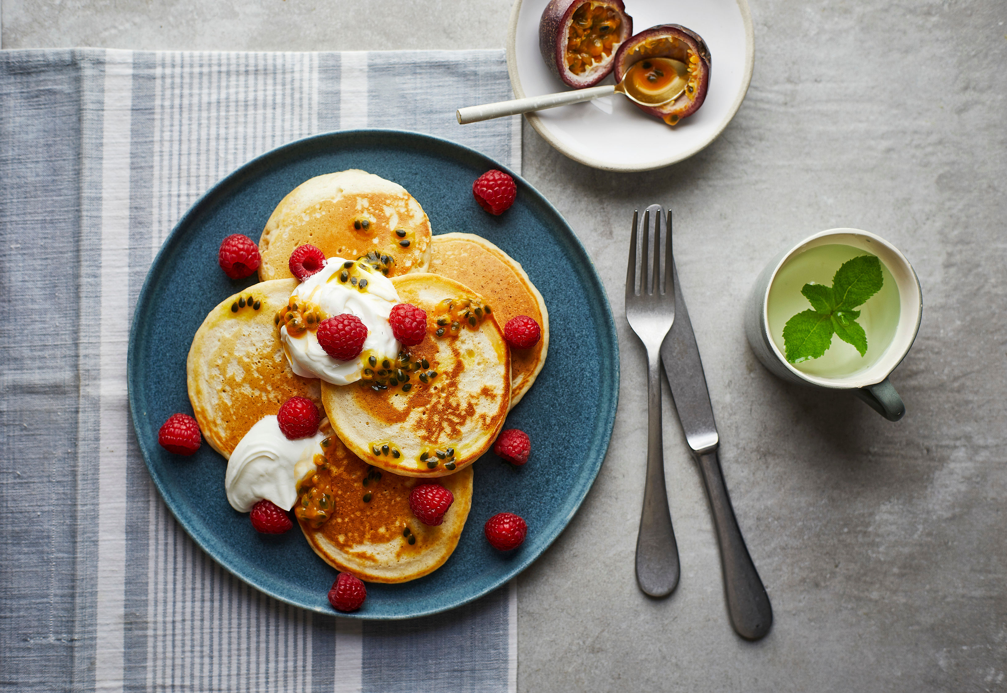 Pancakes with Raspberries and Passionfruit