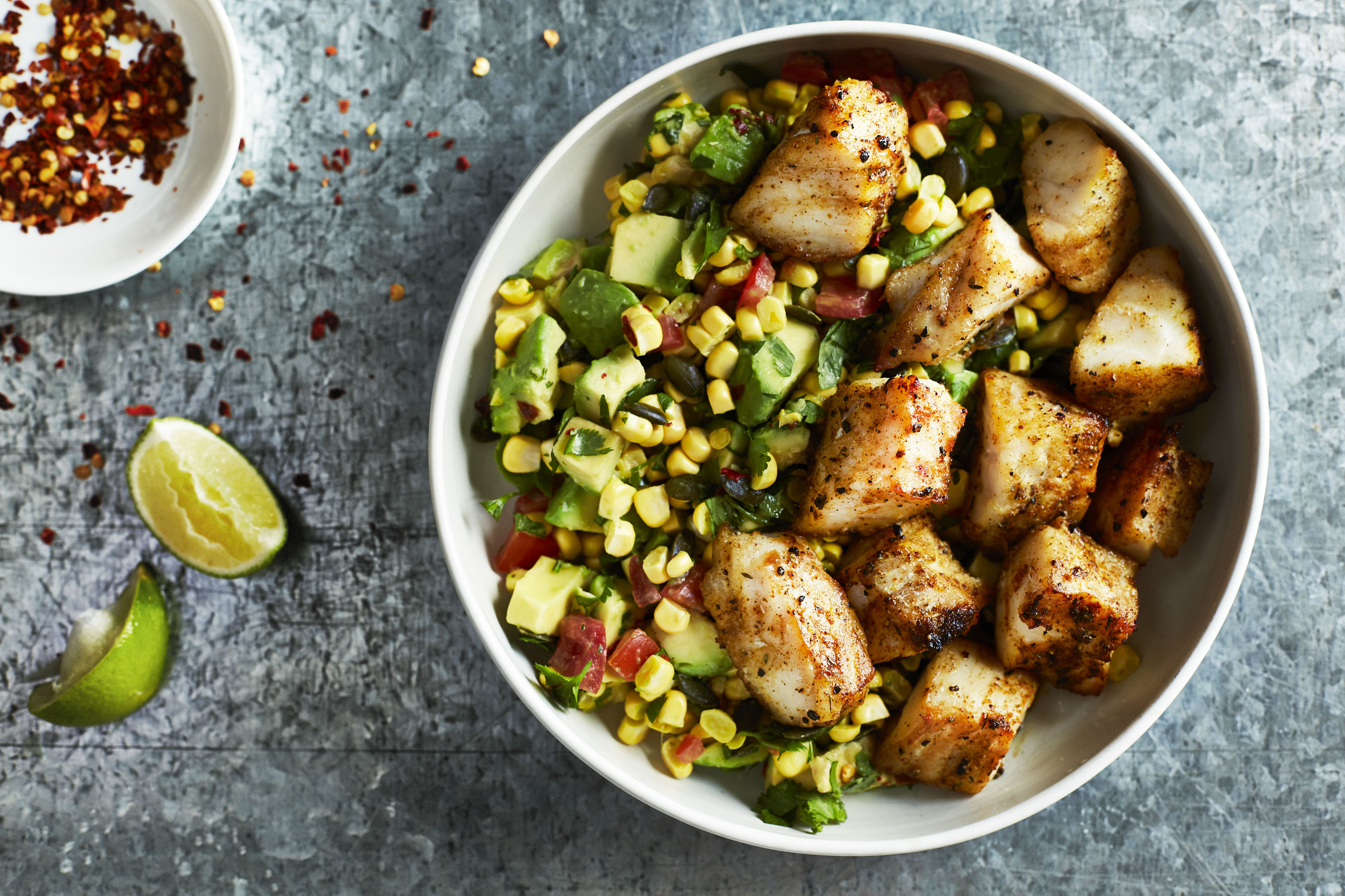 Jerk Cod with Avocado, Sweetcorn and Tomato Salsa