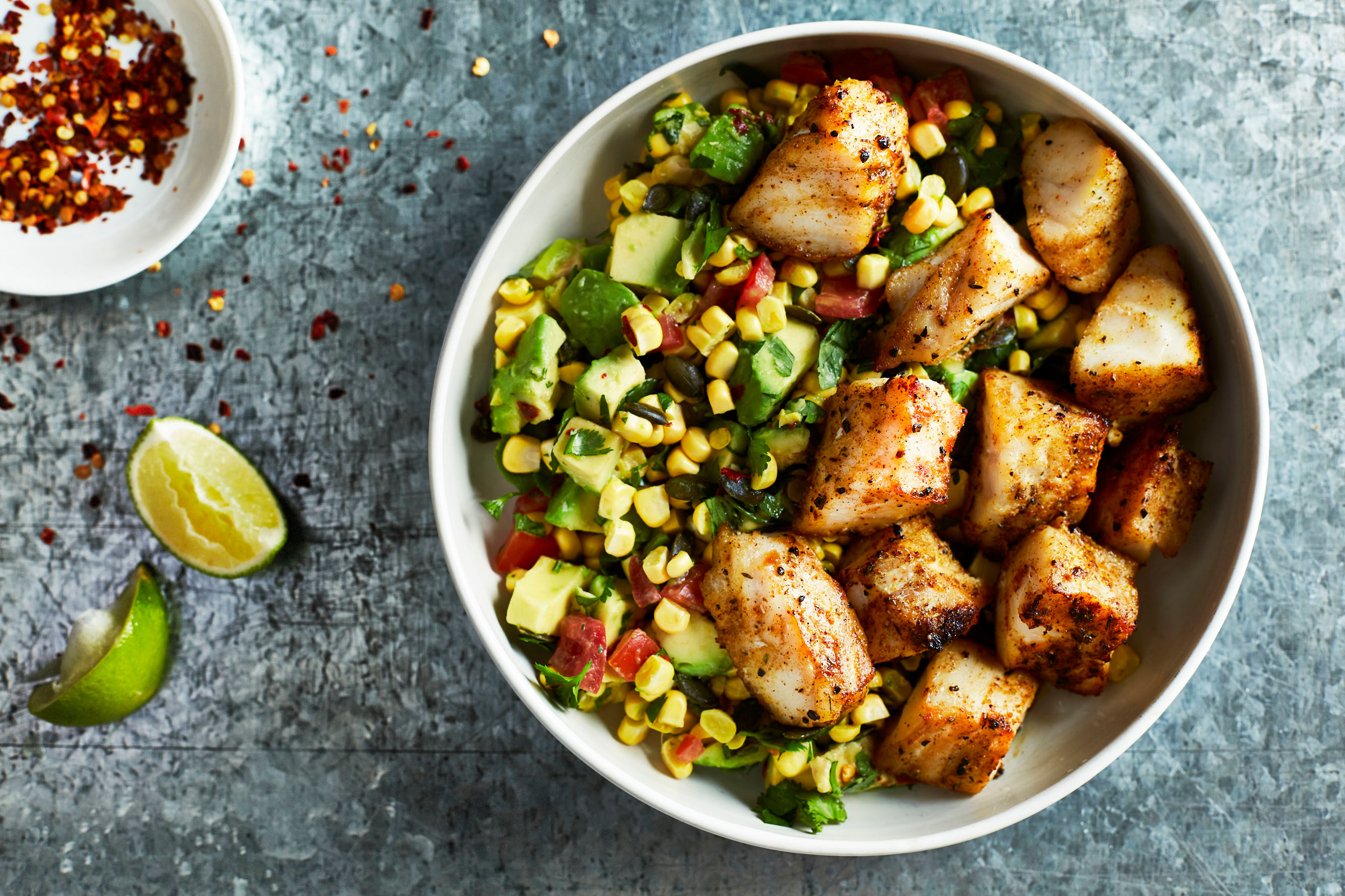 Jerk Cod with Avocado, Sweetcorn and Tomato Salsa