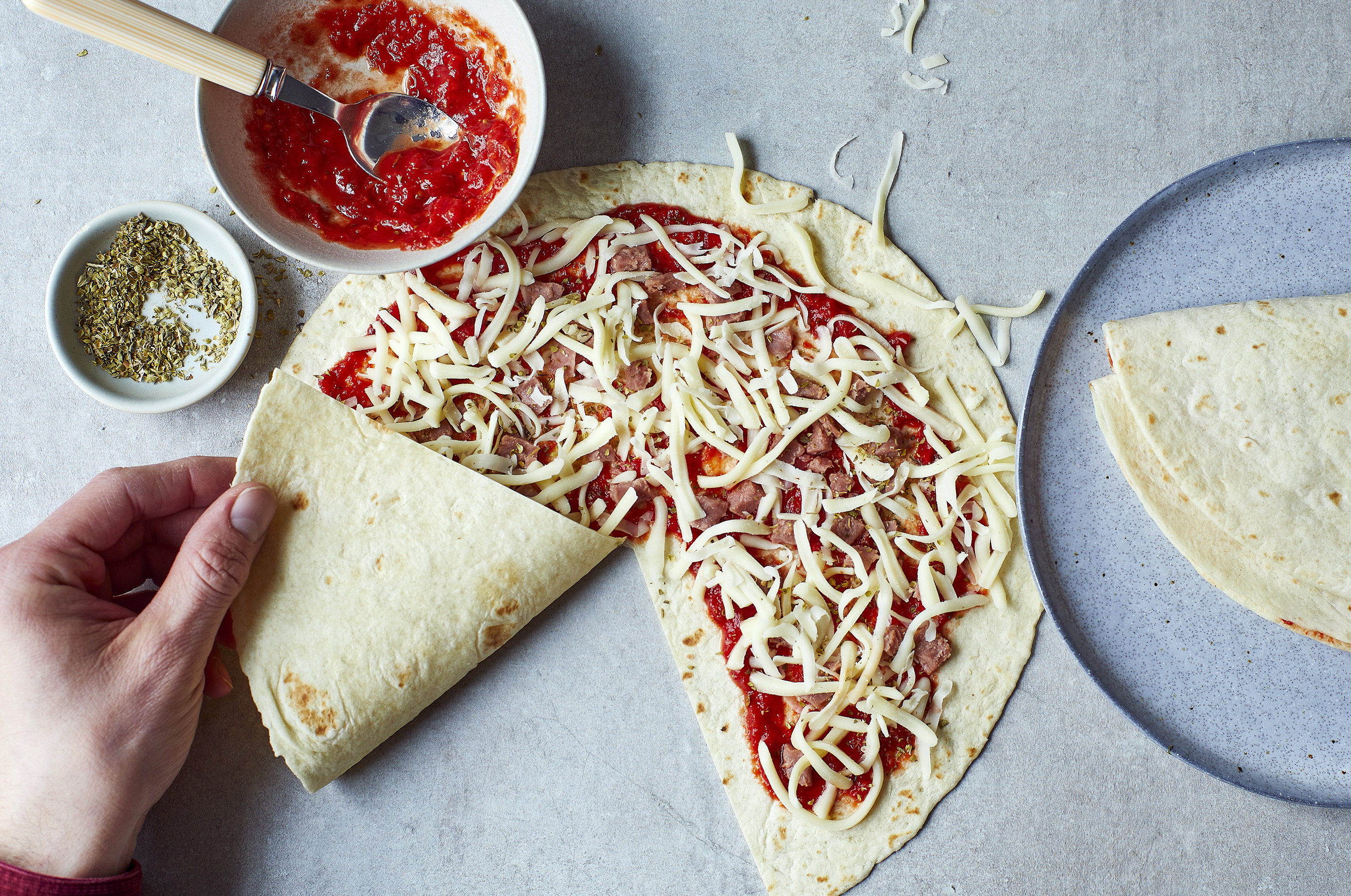 Quick Pizza Wraps with Garlic Chive Dip