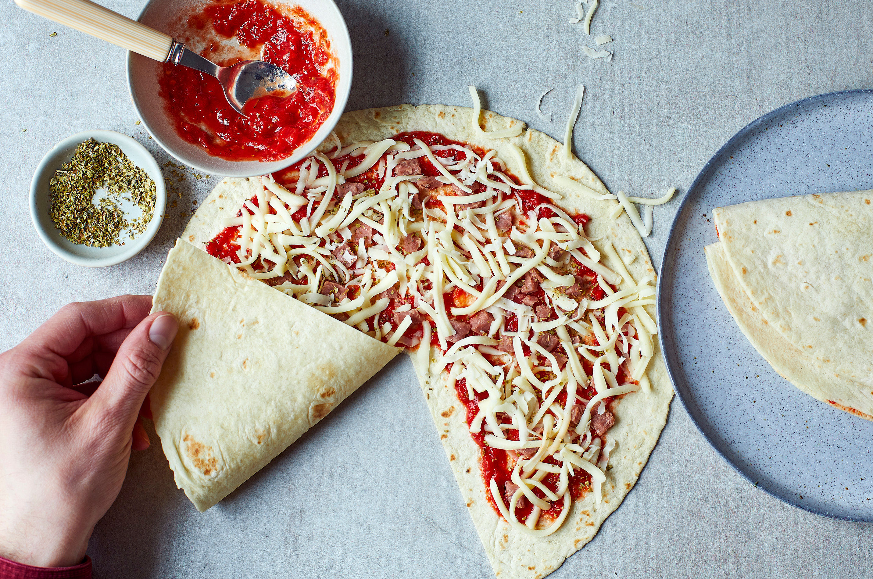 Quick Pizza Wraps with Garlic Chive Dip