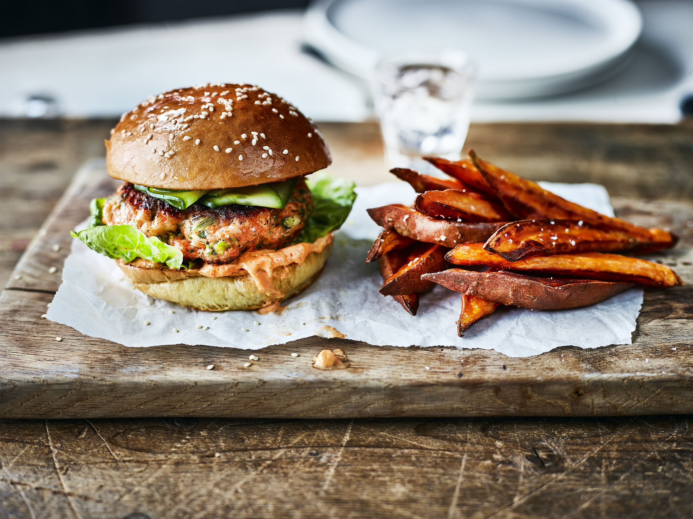Spicy Prawn Burger with Sweet Potato Wedges
