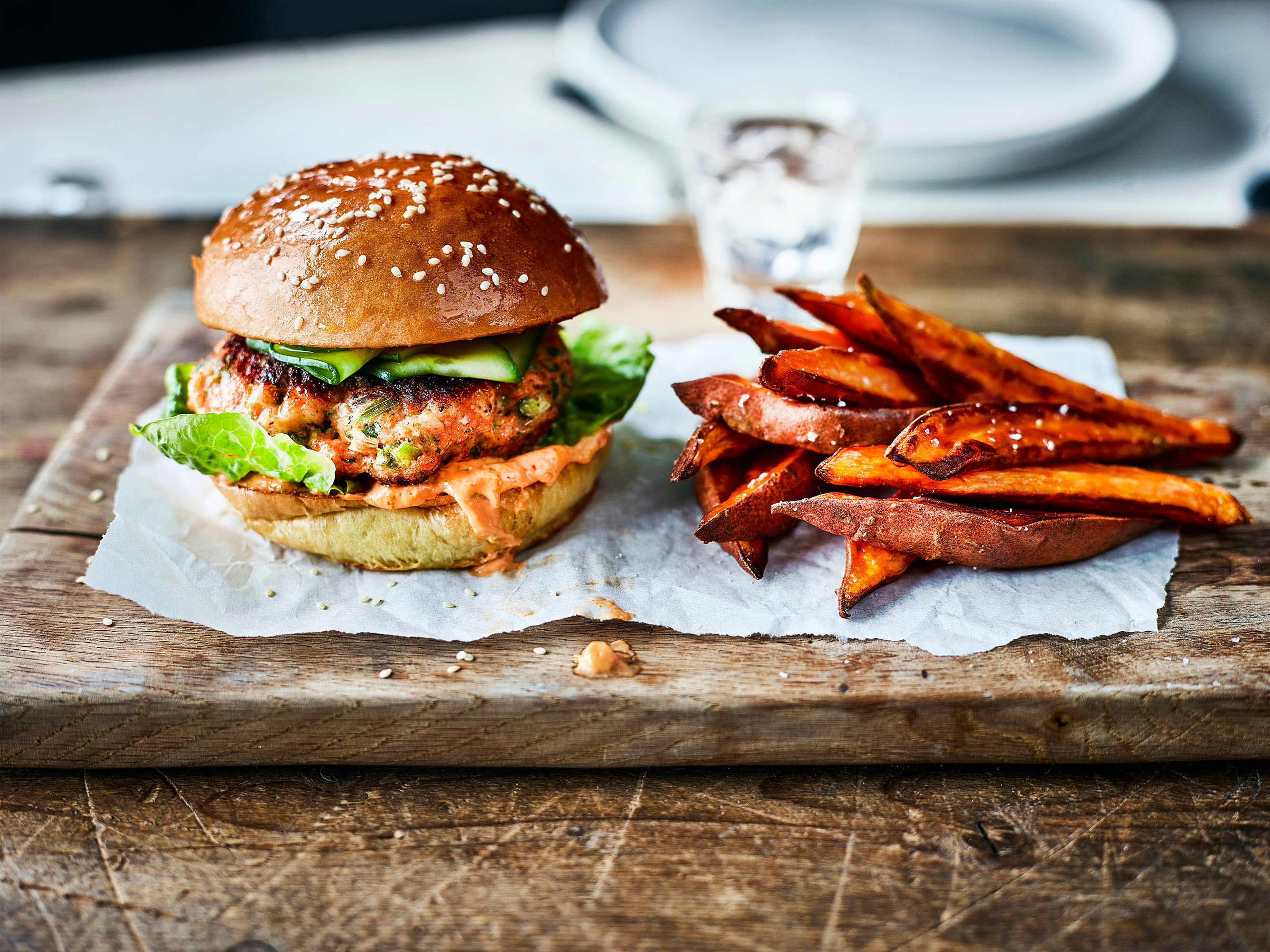 Spicy Prawn Burger with Sweet Potato Wedges