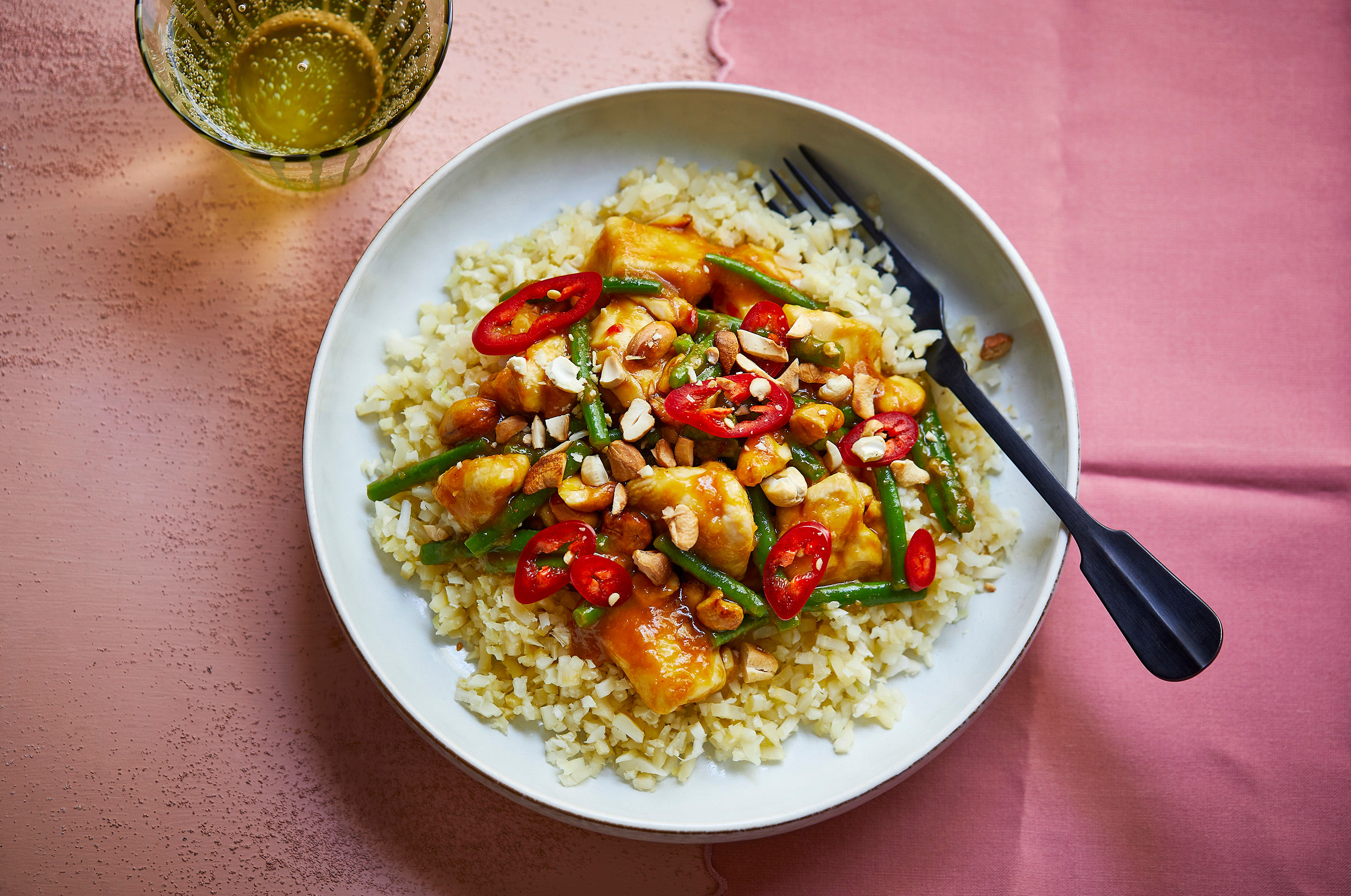 Orange Cashew Chicken with Cauliflower Rice