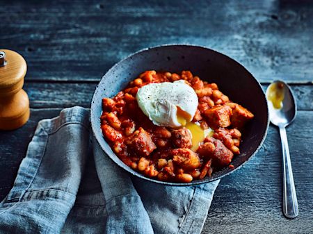 Cowboy Beans with Poached Egg