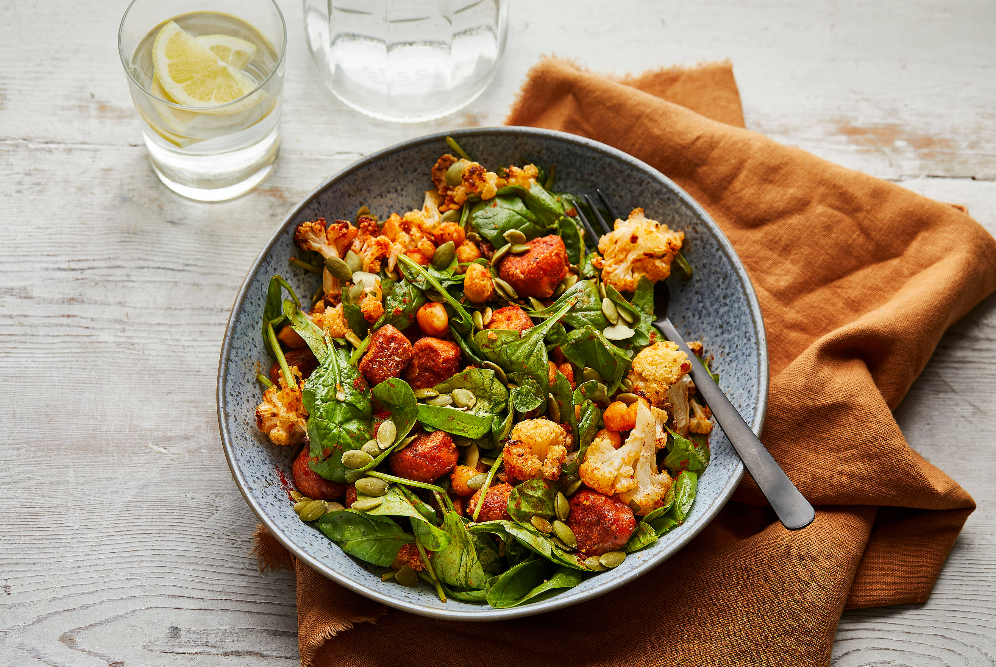 Roasted Cauliflower, Chickpea and Chorizo Salad