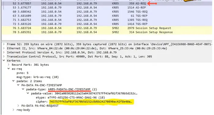 KRB_AS_REQ Packet encrypted with a timestamp using AES256.
