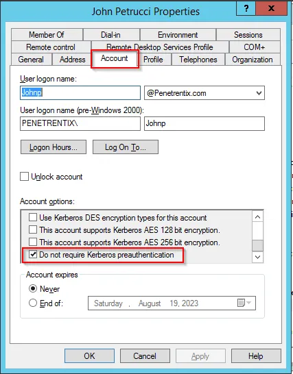 The option to not require kerberos preauthentication (disabled)
