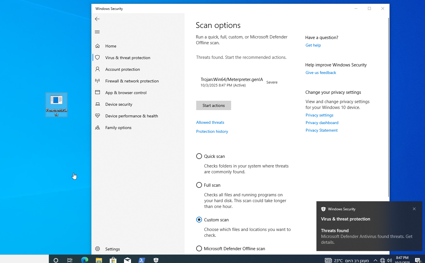 Virus detection by Defender.