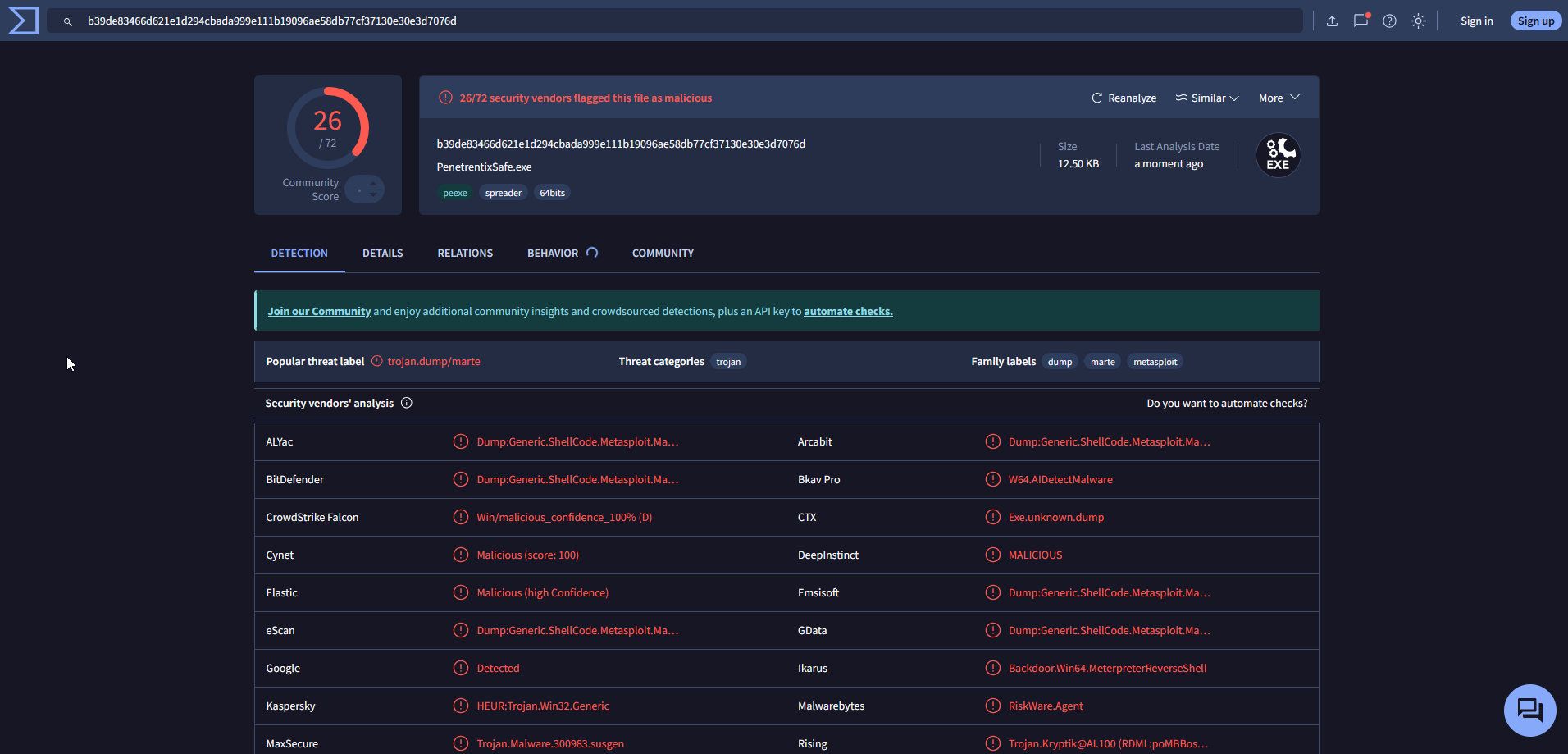 The malware's VirusTotal scan.