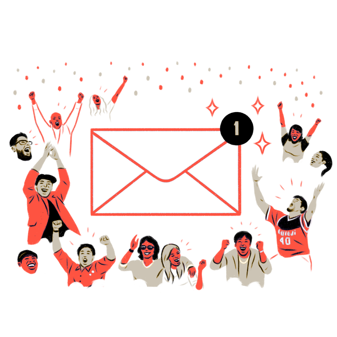 Illustration of fans cheering around an unread email