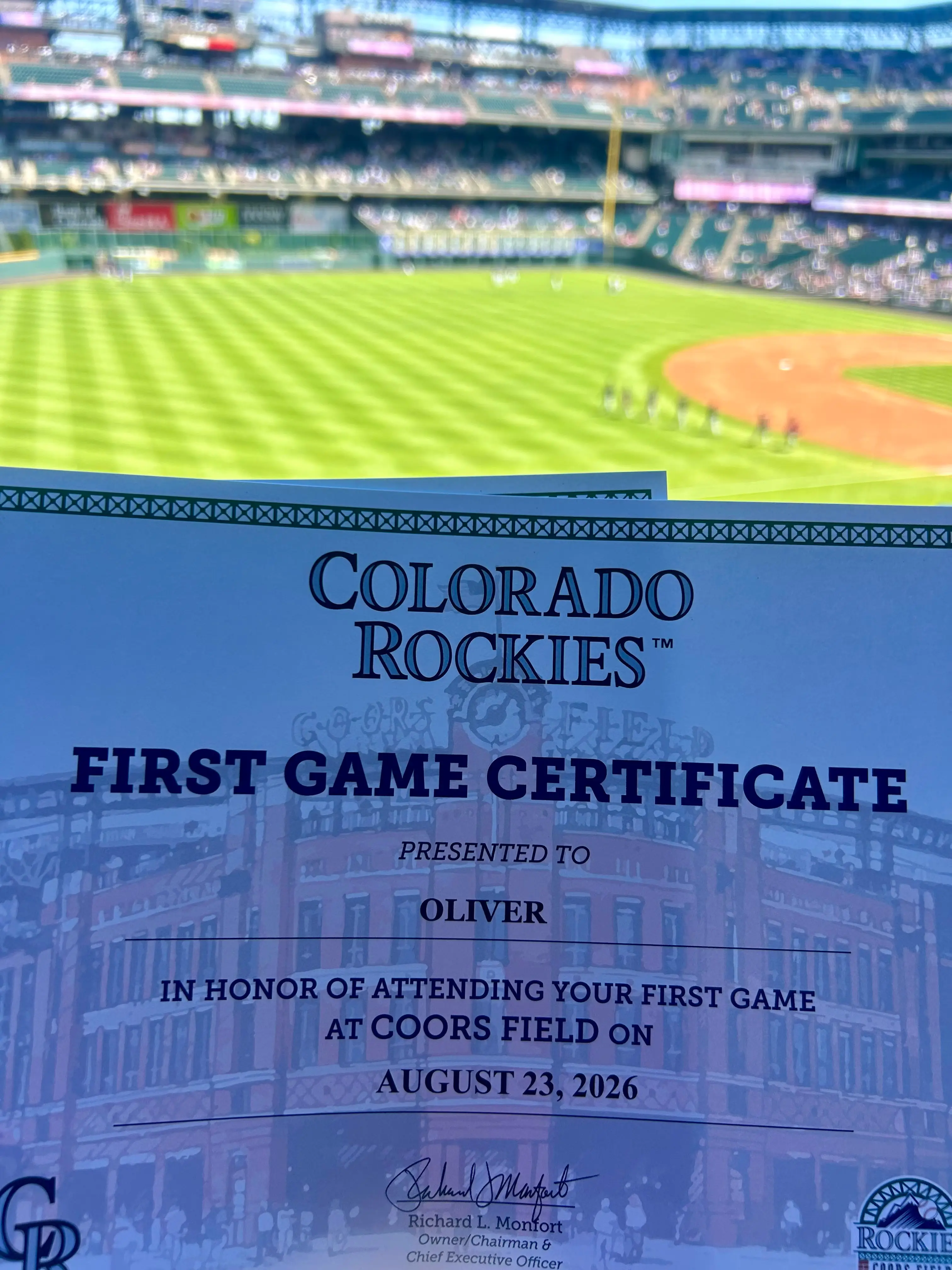 Coors First Game Certificate (Front Row)