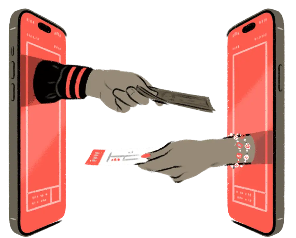 An illustration of two phones exchanging tickets for money with eachother