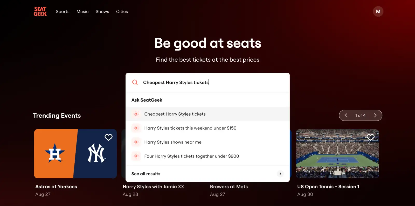 Harry Styles Ask SeatGeek search bar