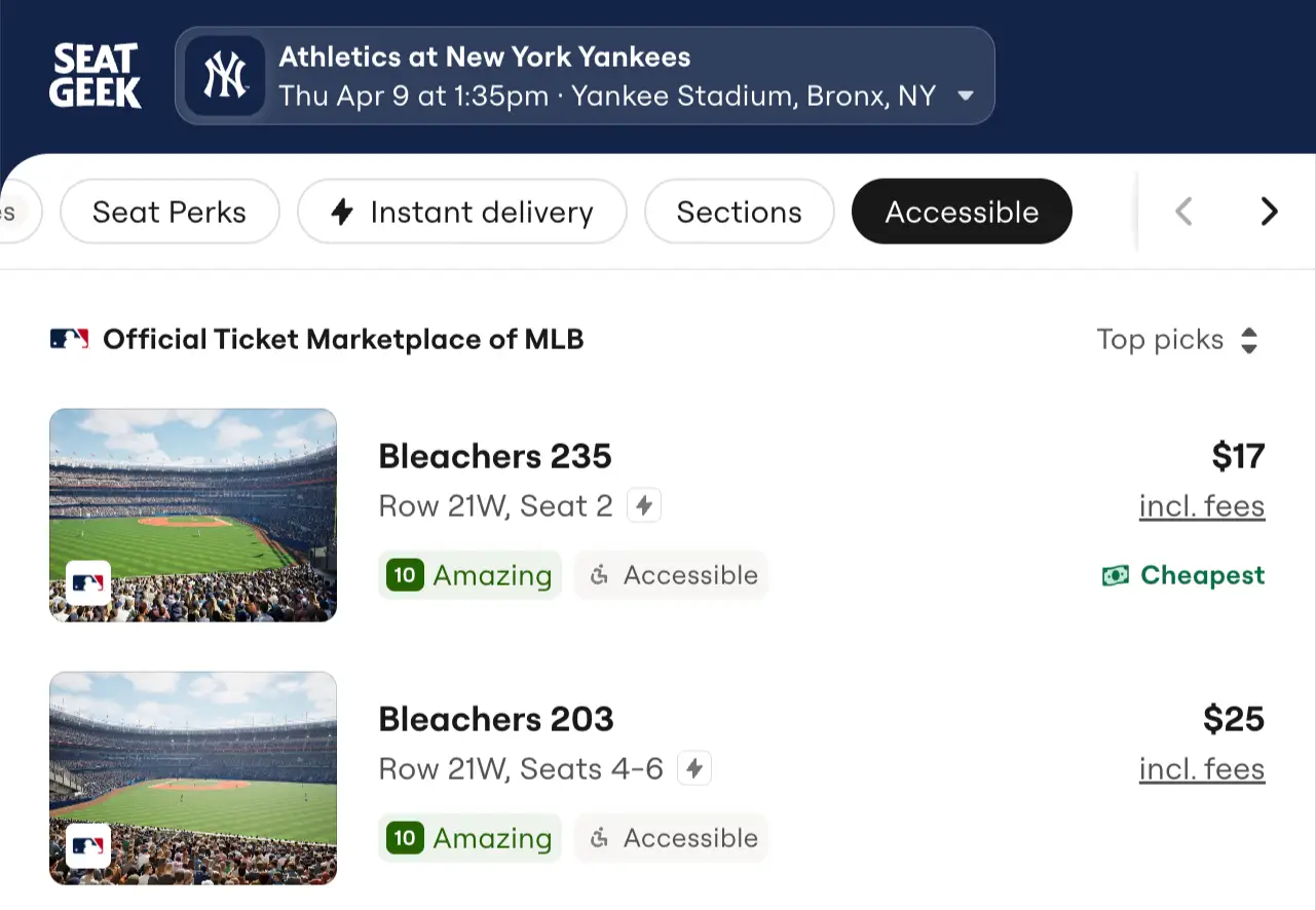 SeatGeek accessible filter