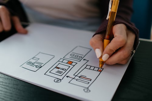 A man's hand drawing a diagram on a notebook.