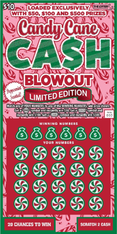 Candy Cane Cash Blowout scratch-off ticket