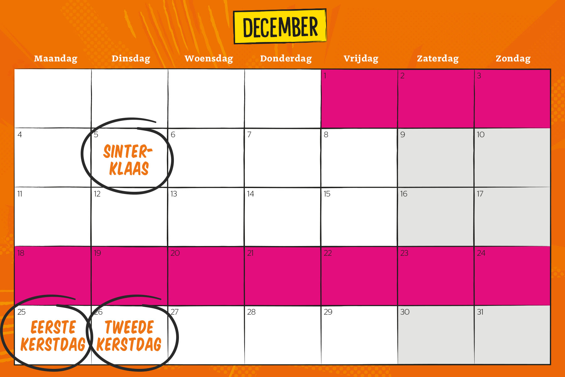 kalender levertijden-feestdagen december