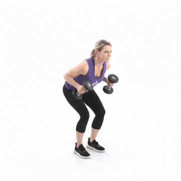 Woman in workout clothes performing triceps kickbacks exercise using dumbbells