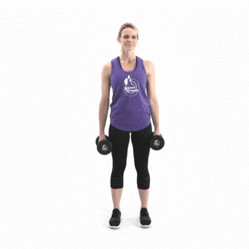 Woman holding dumbbells and performing alternating biceps curls exercise