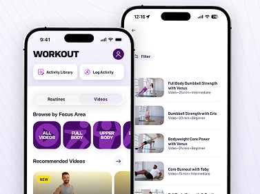 Image of phone screen open to the Workouts tab on the Planet Fitness app