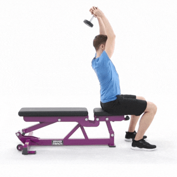 Man in workout clothes sitting on exercise bench performing triceps extension exercise using a dumbbell