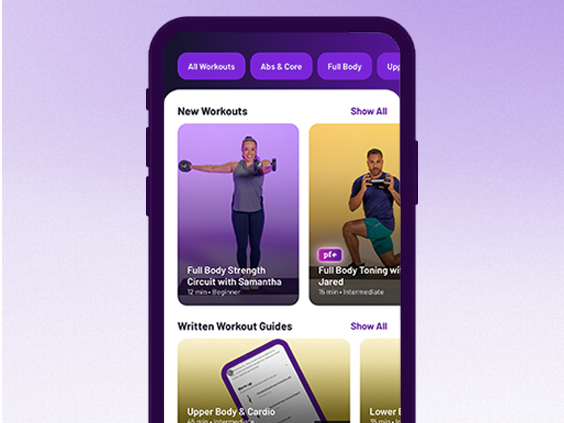 Image of phone screen open to the Workouts tab on the Planet Fitness app
